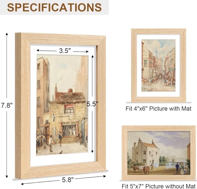 Vittanly 5x7 Picture Frame, Solid Wood Frame with Plexiglass, Includes 4x6 Mat, Wall Hanging or Tabletop for Home Decor, Natural, 1 Pack