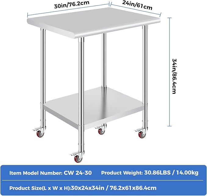 OSTBA Stainless Steel Table for Prep & Work 24x30 Inches with Casters Wheels, NSF Metal Commercial Heavy Duty Table with Adjustable Undershelf for Restaurant Kitchen Home and Hotel