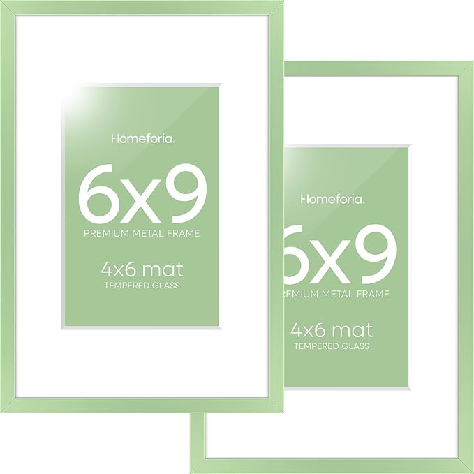 Homeforia 6x9 Picture Frame Sage Green, High End Metal 6 x 9 Frames with Mat 4 x 6 for Print, 6by9 Desk Frame Matted to 4x6 inch Photo, 6 by 9 Wall or Tabletop Frame, Tempered Glass, Wall Kit, Set of 2