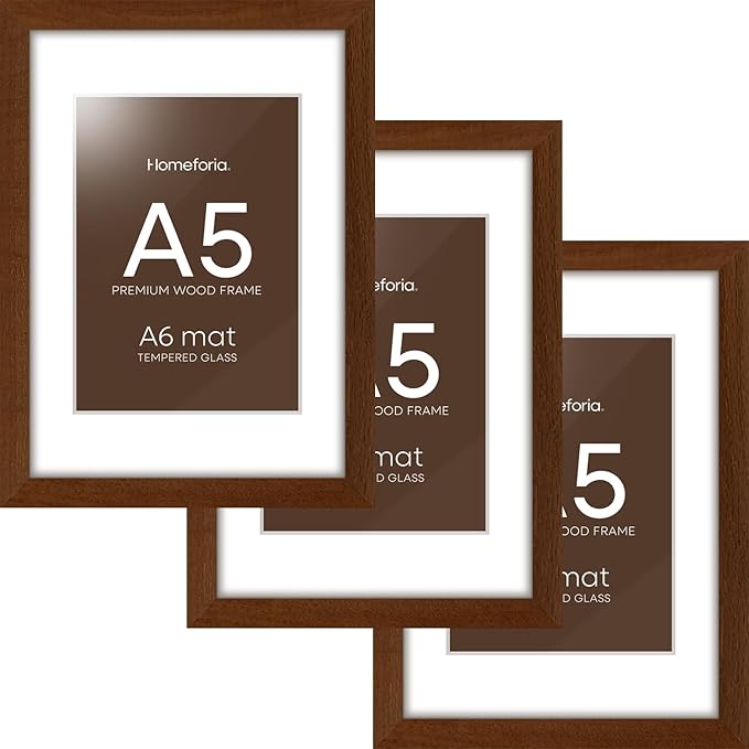 Homeforia A5 Picture Frame Brown, High-End Dark Oak 5.8x8.3 Wood Frame Matted to 4.1x5.8 inch Photo, A5 Size Walnut Wooden Frames with Mat A6 Print, 5.8 x 8.3 Frame, Tempered Glass, Wall Kit, Set of 3