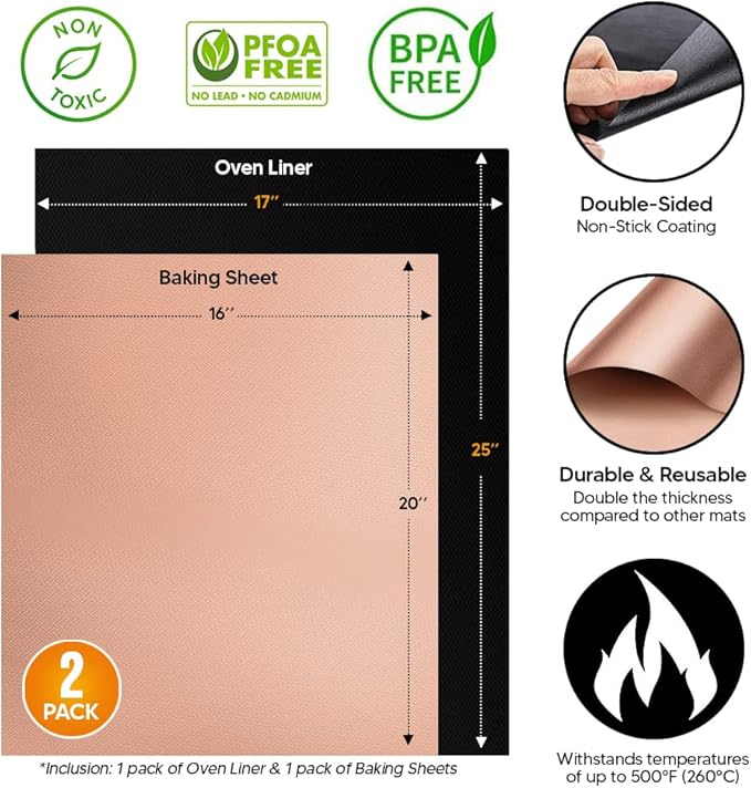 Oven Liners for Bottom of Oven with Baking Sheet Mat, Heat Resistant Stove Liners for Bottom of Electric Stove and Teflon Sheets for Baking, Reusable Matt for Electric Range