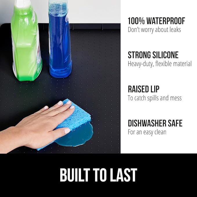 GORILLA GRIP Waterproof Silicone Under Sink Mat with Raised Lip for Kitchen and Bathroom, 46 x 22 in, Cabinet Shelf Liner Stay in Place Mats Dishwasher Safe Drawer Liner, Organizer Tray, Black