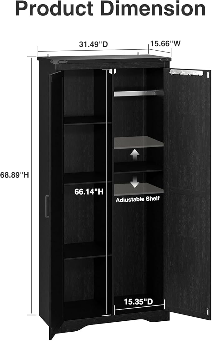 Tall Storage Cabinet with Adjustable Shelves, Farmhouse Pantry Organize with 2 Barn Doors, Large Freestanding Cabinet for Kitchen, Garage, Basement, Living, Utility Room, Black