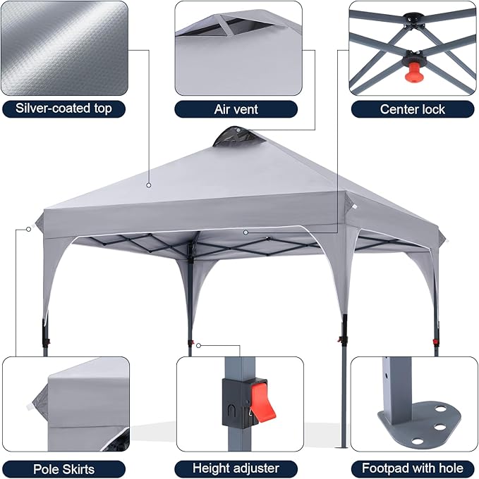 COOSHADE Pop Up Canopy Tent, 8x8 Easy Setup Instant Canopy Sun Shelter Beach Tent, Portable Sports, Grey