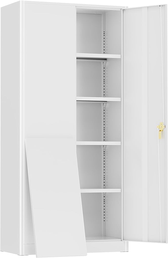 Oakmont Metal Storage Cabinet for Tool Organization, 72" Lockable Garage Storage Cabinets with 2 Doors and 4 Adjustable Shelves, Locking File Cabinet for Office, Home, School (72“ Wide-White)