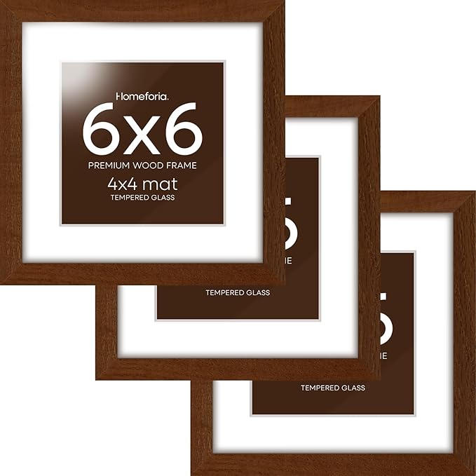 Homeforia 6x6 Picture Frame Brown, High-End Dark Oak 6 x 6 Square Brown Wood Frame with Mat 4 by 4 for Art, 6by6 Wooden Walnut Poster Frame Matted to 4x4 inch Photo, Tempered Glass, Wall Kit, Set of 3