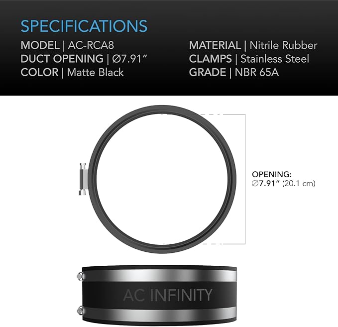 AC Infinity Noise Reduction Clamp 8-Inch, Duct Coupler with Stainless Steel Clamps, Flexible Rubber Coupling for Inline Fans and Carbon Filters in Growing and HVAC