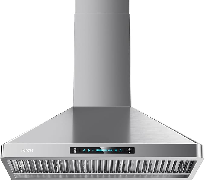 IKTCH 30-Inch Wall Mount Range Hood, 900 CFM, Stainless Steel, Gesture Sensing & Touch Control, 4-Speed Fan, Adjustable LED Lights, Ducted/Ductless Convertible