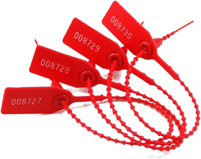 100 Plastic Tamper Seals, Numbered Zip Ties for Fire Extinguisher Pull Tite Security Tags Disposable Self Locking Signage 250mm (Red)