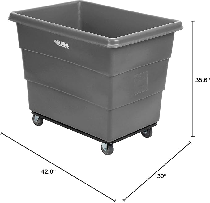 Global Industrial 16 Bushel Plastic Bulk Box Truck, Steel Chassis Base, 1000 lbs. Capacity, 4" Non-Maring Rubber Casters, Gray, 42-3/5"L x 30" W x 35-3/5"H