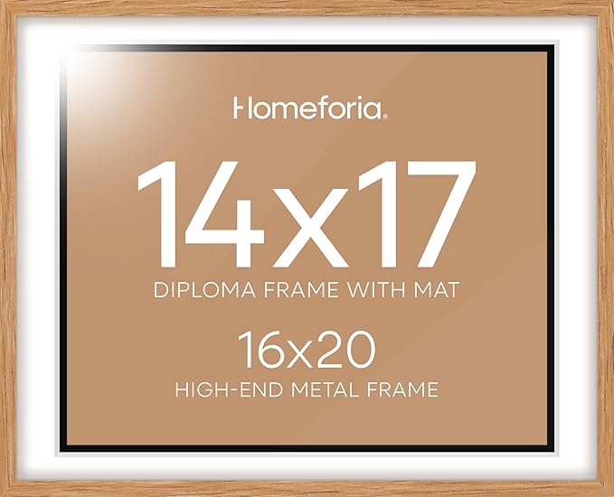 Homeforia 16x20 Diploma Wood Frame, High End Natural Oak 16by20 Certificate Frames with Mat for 14x17, 20by16 Document Matted Frame, Graduation Degree Wooden Frames, Tempered Glass, Wall Kit, Set of 1