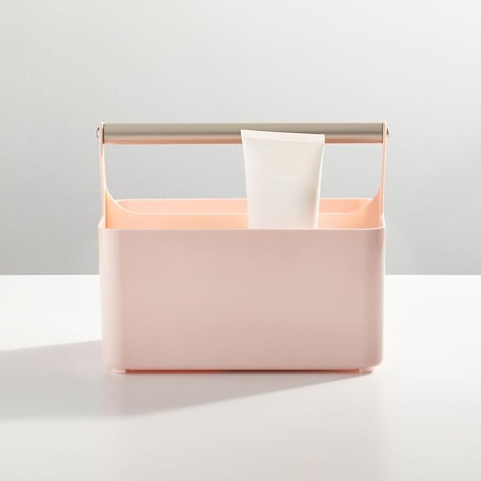 mDesign Under Sink Storage – Plastic and Metal Bathroom Caddy for Shampoo and Soaps – Portable Cosmetics Storage Organiser – Blush/Satin