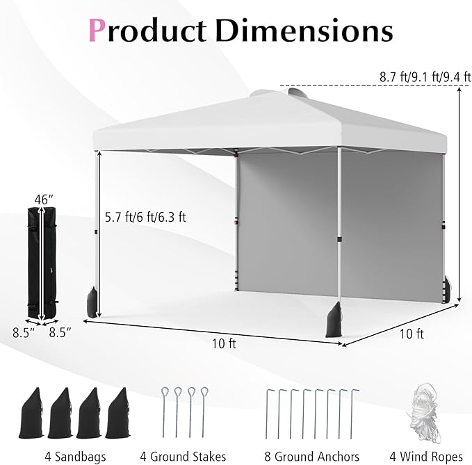 Tangkula 10x10 FT Pop up Canopy with Sidewall, Easy Setup Outdoor Tent with Wheeled Bag, 4 Sandbags, 4 Ropes, 4 Anchors, 8 Stakes, Vented Top, Portable Canopy Tent for Party Event Patio (White)