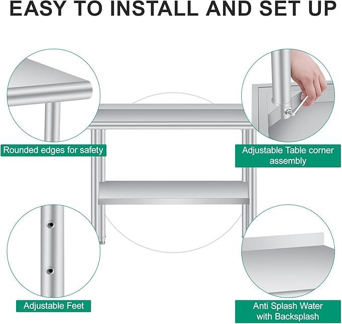 Stainless Steel Prep Table, 60 x 24 in, with Backsplash, Adjustable Undershelf, Commercial Heavy Duty Table with Adjustable Under Shelf for Outdoor Use,Restaurants,Hotels,Works