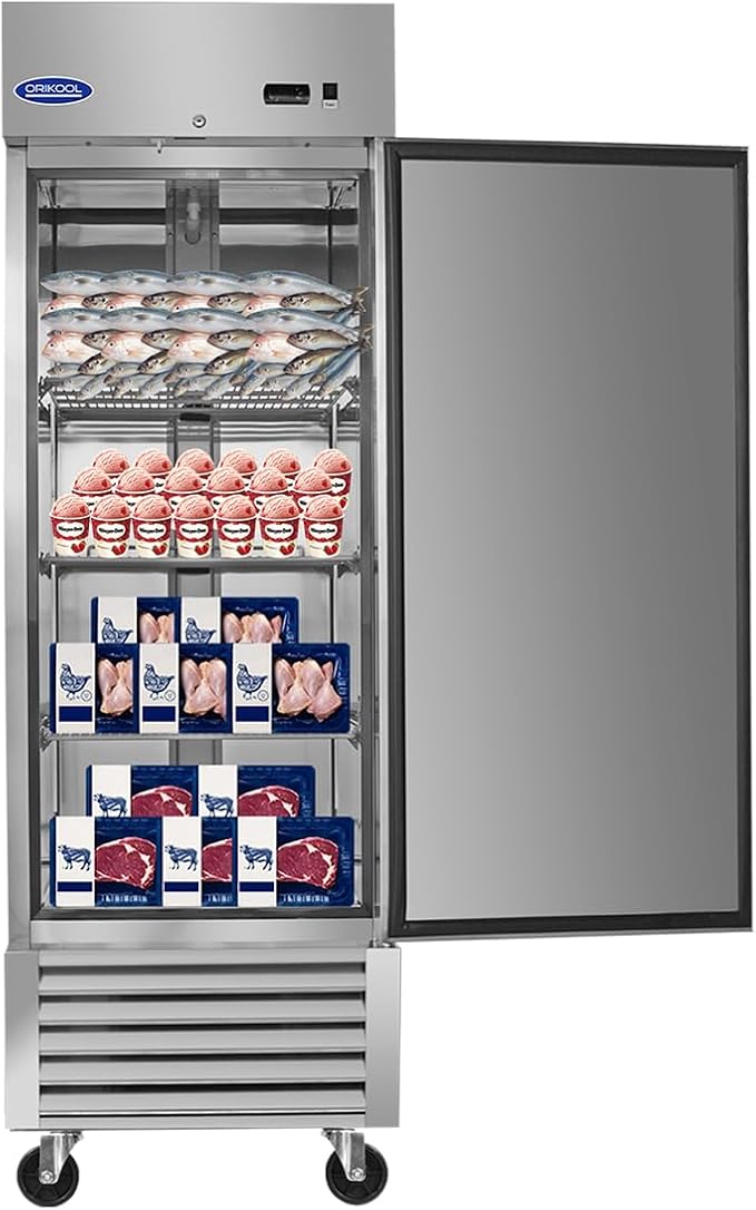 mikibama 27"W Commercial Freezer with Single Solid Door 23 Cu.ft Reach-In Freezers Stainless Steel ETL Approved Upright Freeze Storage for Restaurant, Temperature Control -10℉~10℉, LED Light