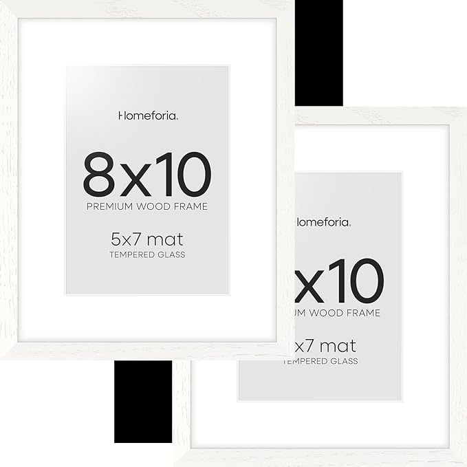 Homeforia 8x10 Picture Frame White, High End Oak 8 x 10 Wooden Frames with Mat 5 by 7 Print, 8x10 Wood Frame Matted to 5x7 inch Photo, 8by10 Wall or Tabletop Frames, Tempered Glass, Wall Kit, Set of 2