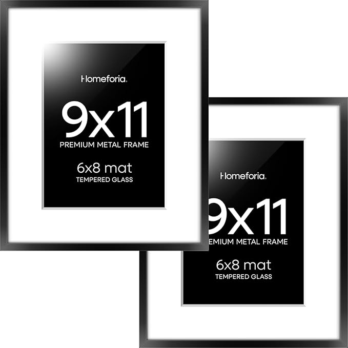 Homeforia 9x11 Picture Frame Black, High End Metal 9 x 11 Poster Frames with Mat 6 by 8 inch Photo, 9by11 Frame Matted to 6x8 in Print, 11x9 Wall or Tabletop Frames, Tempered Glass, Wall Kit, Set of 2
