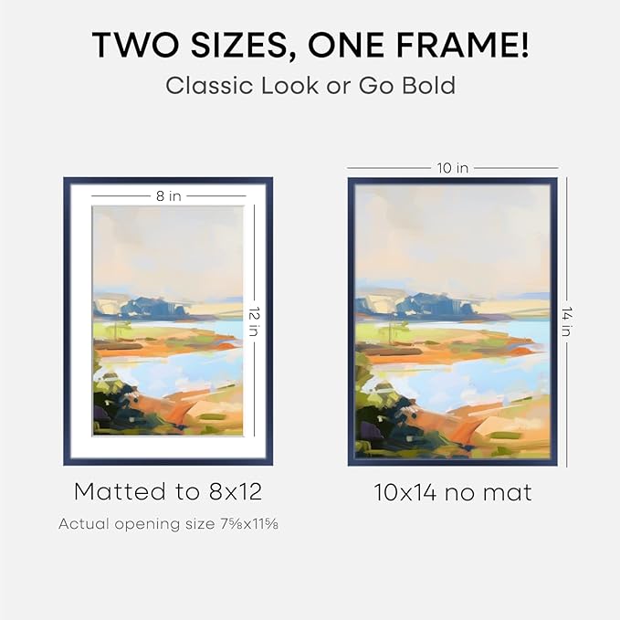 Homeforia 10x14 Picture Frame Navy Blue, High End Metal 10x14 Wall Hanging Frame with Mat 8x12, 10 x 14 Poster Frame Matted to 8 x 12 inch Photo, 10by14 Thin Frames, Tempered Glass, Wall Kit, Set of 2
