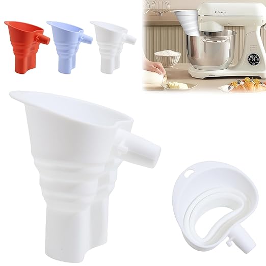Silicone Foldable Flour Funnel for Kitchen Aid Mixer,Easy Pour No-Mess Attachment,Anti-Splash Accessory,Fits Tilt-Head 4.5–7 Qt (KSM151),Durable Dishwasher-Safe Baking Tool(White)