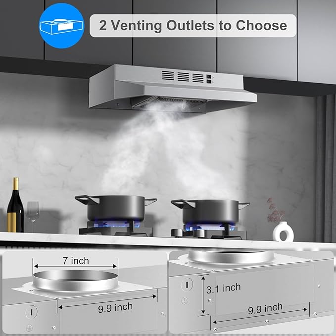 SNDOAS Under Cabinet Range Hood 24 inch,Ductless Range Hood Convertible Ducted, Kitchen Hood 24 inch,Stainless Range Hood with 2-speed Fan,Rocker Switch,Hard-wired Hood Vents for Kitchen