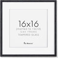 Fun Memories 16"x16" Picture Frame in Black, Solid Oak Wood Frame 16x16, 16x16 Frame Matted to 12x12, Square Photo Frame 16x16 Inch - Tempered Glass (Black, 1 Pack)