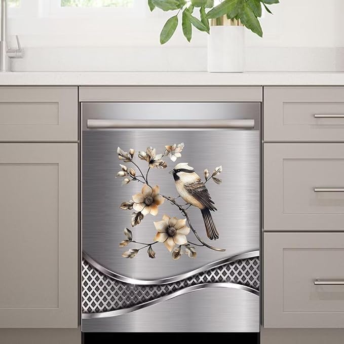 Imitation Stainless Steel Design Bird Pattern Dishwasher Cover Magnetic Sticker Refrigerator Door Panel Cover Fridge Appliance Magnet Decal Sheet 23x17 inch