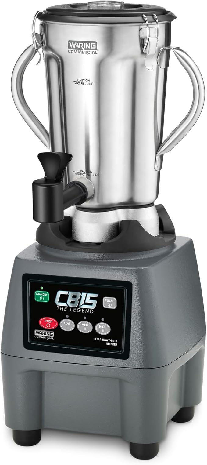 Waring 1-Gallon Blender, 3.75 HP, Stainless Steel Jar with Spigot & Handles, Commercial for Smoothies, Soups & Sauces – CB15SF
