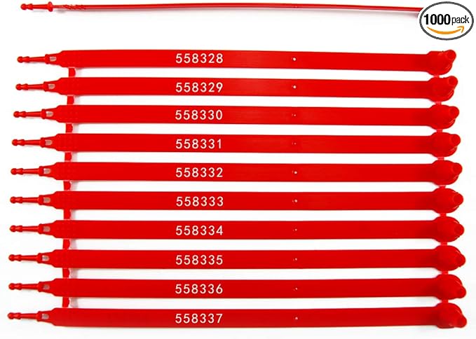 1000 Plastic Security Seals - Numbered Tamper Seals for Trucks, Trailers, Containers (Red)