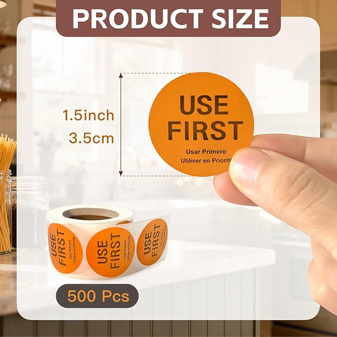 500 Pcs 1.5 Inch Use First Stickers Food Service Roll, Risepekt Orange FIFO Label for Restaurant Inventory Control Management, Permanent Super Adhesive Food Circle Dot Labels, Trilingual Product Label