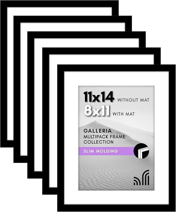 Americanflat 11x14 Picture Frame with Polished Plexiglass - Set of 5 - Use as 8x11 Frame with Mat or Display 11x14 Photo Without Mat - Galleria Collection - Picture Frames for Wall Display - Black
