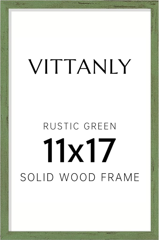 Vittanly 11x17 Picture Frame, Solid Wood Frame with Plexiglass, Includes 8x12 Mat, Wall Hanging for Photos, Home Decor, Rustic Green, 1 Pack