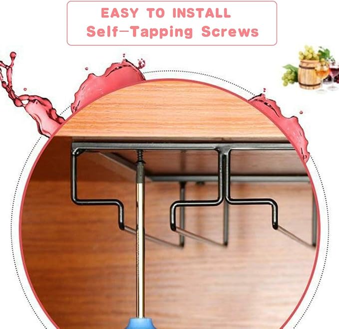 Wine Glass Rack - Under Cabinet Stemware Wine Glass Holder Glasses Storage Hanger 2 Pack Metal Organizer for Bar Kitchen Black