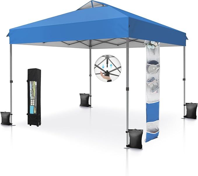 MFSTUDIO 10x10 Pop up Canopy Tent, Gazebo Shelter Sun Shade Canopies One Push Setup Portable Popup Easy Set up Tents with Vented Top,Storage,4 Sandbags,for Beach,Parties,Camping