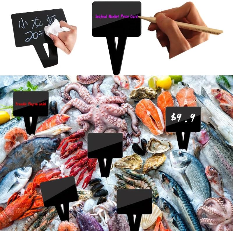 5Pcs Supermarket Aquatic Frozen Seafood Market Price Card Acrylic Black Ice Table Insert Label Clip Erasable Plug-in Label Display Rewritable Promotional Price Tag Waterproof Square Advertising Sign by Unknown