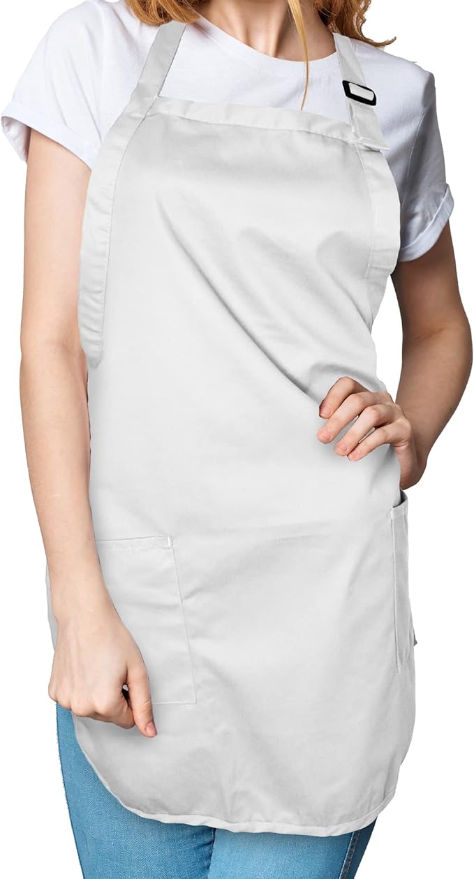 DALIX Apron Commercial Restaurant Home Bib Spun Poly Cotton Kitchen Aprons (2 Pockets) in White 2 Pack