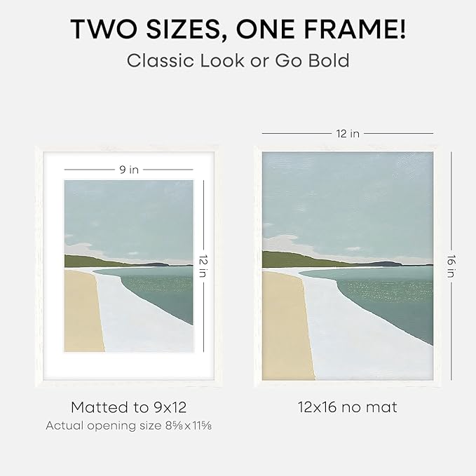 Homeforia 12x16 White Picture Frame, High End Oak 12x16 Wood Poster Frames with Mat 9x12 Print, 12 x 16 White Wooden Frame Matted to 9 by 12 Photo, 16x12 Thin Frame, Tempered Glass, Wall Kit, Set of 3