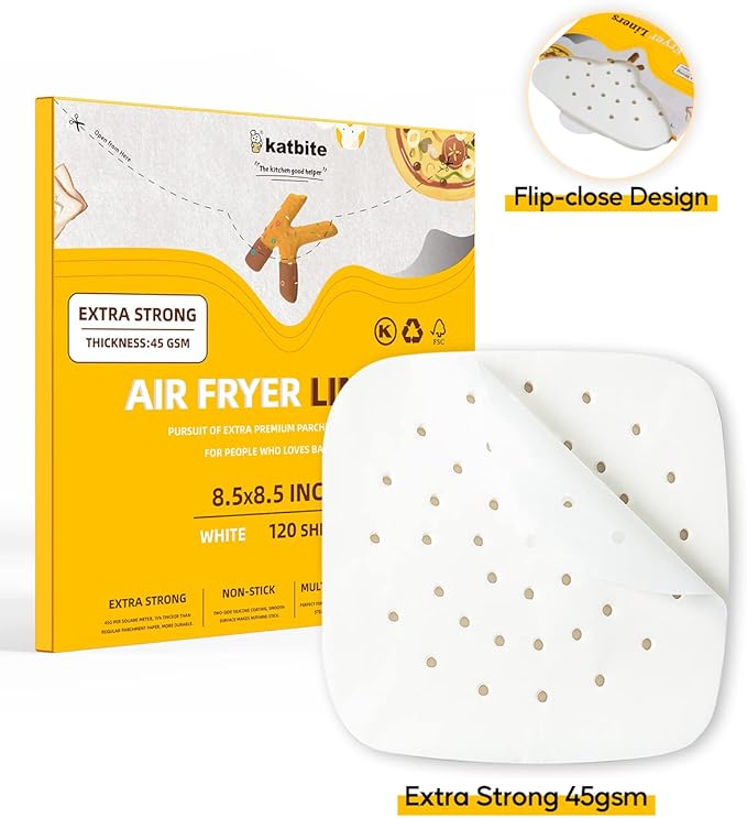 Katbite 8.5 Inch Air Fryer Parchment Paper Liners, 120Pcs Perforated Parchment Paper Sheets, Heavy Duty and Non-stick Squares for Air Fryer, Steaming Basket, Bamboo Steamer, Cake Pans