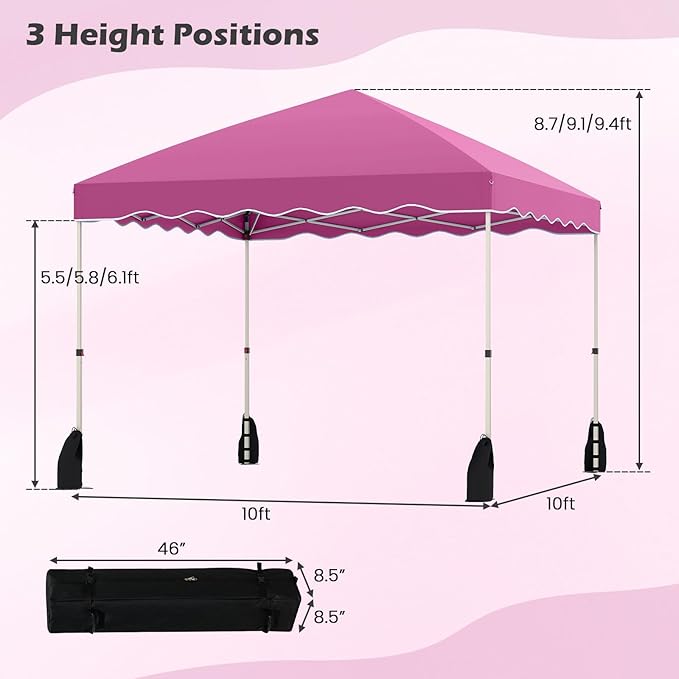 Tangkula 10x10 FT Pop Up Canopy, UPF50+ Easy Set up Instant Tent with Wheeled Bag, 8 Stakes, 4 Anchors, 4 Wind Ropes, 4 Sandbags, Heavy Duty Outdoor Canopy Tent 10x10 for Patio Party Backyard (Pink)