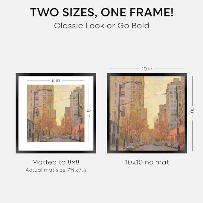 Homeforia 10x10 Black Picture Frame, High End Metal 10 by 10 Square Frames with Mat 8 x 8 Opening, 10by10 Poster Frames Matted to 8x8 Photo, Wall or Tabletop Frames, Tempered Glass, Wall Kit, Set of 2