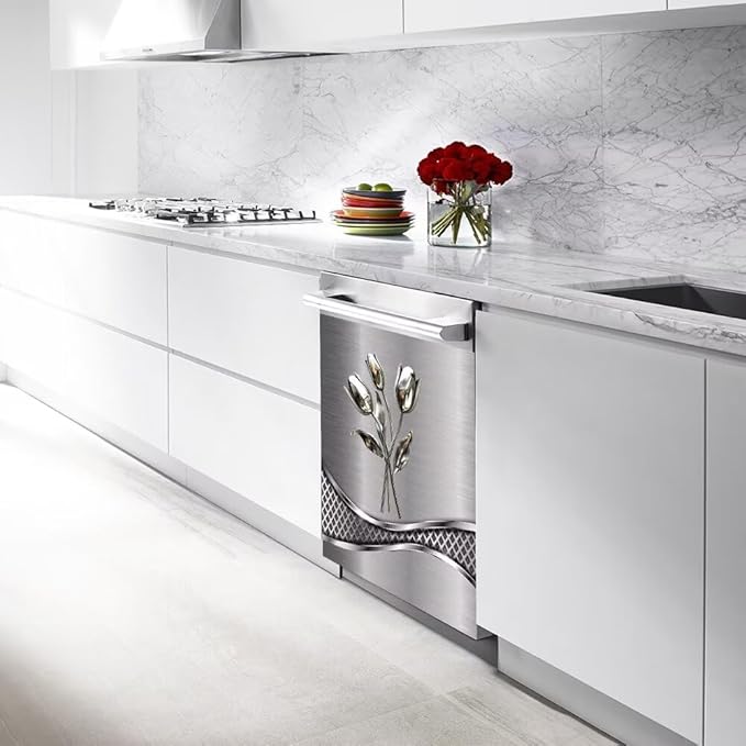 Stainless Steel Flower Wallpaper Dishwasher Cover Decorative Magnetic Sticker Kitchen Refrigerator Covers for The Front Fridge Door Magnet 23W x 17H inchs