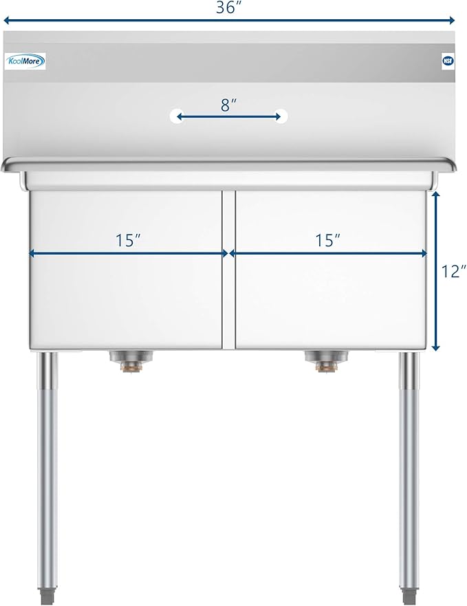 KoolMore - SB151512-N3 2 Compartment Stainless Steel NSF Commercial Kitchen Prep & Utility Sink - Bowl Size 15 x 15 x 12", Silver