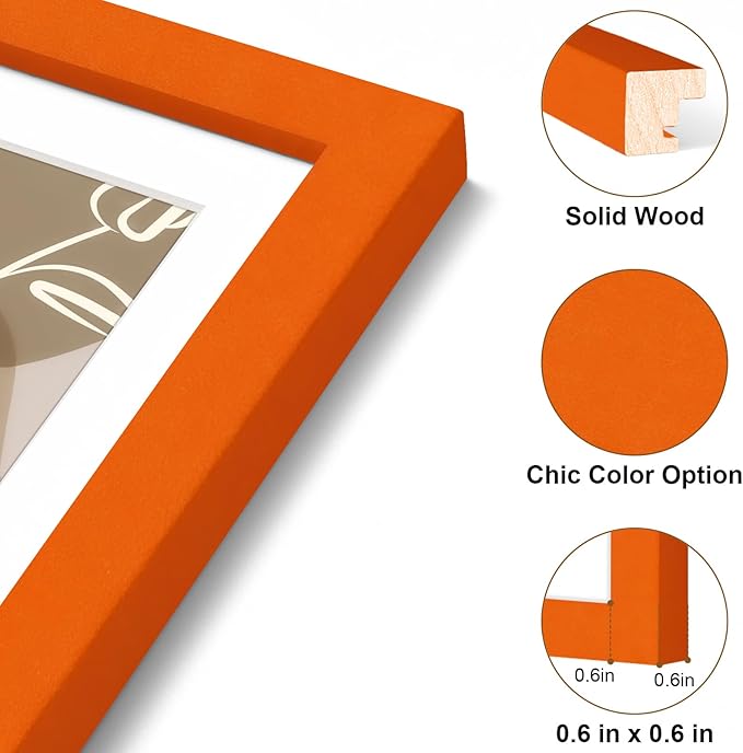 Vittanly 12x16 Picture Frame, Solid Wood Frame with Plexiglass, Includes 8.5x11 Mat, Wall Hanging for Photos, Home Decor, Orange, 1 Pack