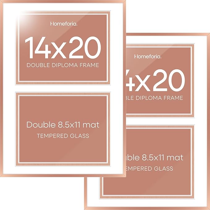 Homeforia 14x20 Double Diploma Frame, High End Metal 14 x 20 Rose Gold Certificate Frames with Mat for Two 8.5x11 Diplomas, 20x14 Dual Award Graduation Matted Frame, Tempered Glass, Wall Kit, Set of 2