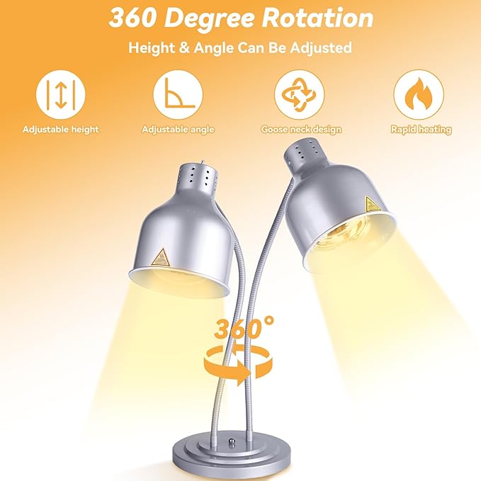 Food Heat Lamp,500W Commercial Food Warmer Lamp,Adjustable Food Warming Light with 3 Bulbs,2 Head Catering Heating Lamp for Kitchen Cafeteria Restaurant Buffet Parties