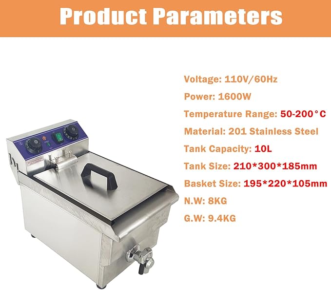 Electric Deep Fryer 10L Stainless Steel Countertop Fryer with Basket and Oil Nozzle for Restaurant Snack Bar 50-200°C 110V 1600W