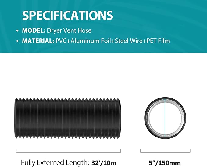 HG Power 5 Inch Air Ducting, 32 Feet Flexible Aluminum Dryer Vent Hose, Three Layer Protection Dryer Hose with 2 Clamps for HVAC Ventilation Heating Cooling Exhaust
