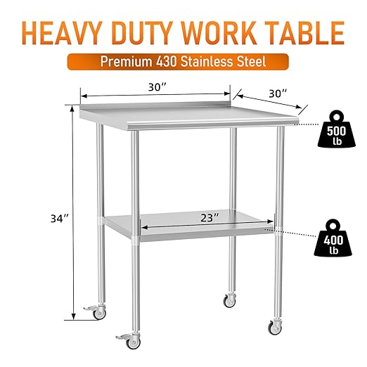 Stainless Steel Prep Table 30" X 30" with Adjustable Undershelf, Backsplash and Wheels, Commercial Metal Workstations for Kitchen, Garage, Outdoor BBQ