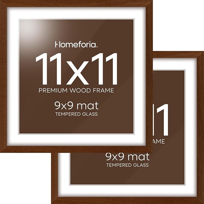 Homeforia 11x11 Picture Frame Brown, High-End Dark Oak 11 x 11 Square Brown Wood Frames with Mat 9 by 9 Photo, 11by11 Wooden Walnut Poster Frame Matted to 9x9 Print, Tempered Glass, Wall Kit, Set of 2