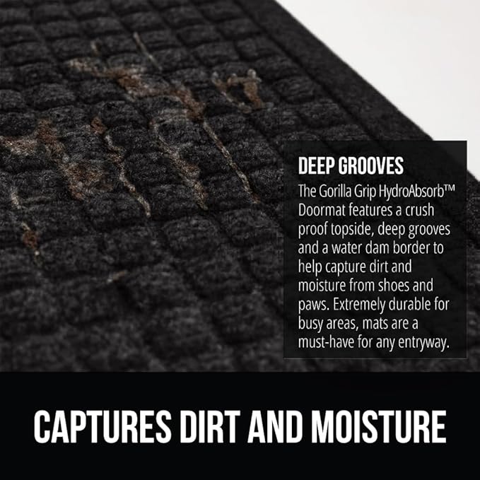 GORILLA GRIP Front Door Mat, 35x23 Black, Indoor Outdoor Ultra Absorbent HydroAbsorb Doormat, Absorbs Up to 1.7 Cups of Water, Stain and Fade Resistant, Rubber Backing Doormats, Captures Dirt, 2 Pack