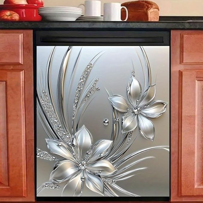 Silver Floral Dishwasher Magnet Sticker Cover Panel Decal Refrigerator Magnetic Sticker Decorative for Kitchen Decoration Anti-Scratch Magnetic Stickers Fridge Refrigerator Panel 23x26 Inch